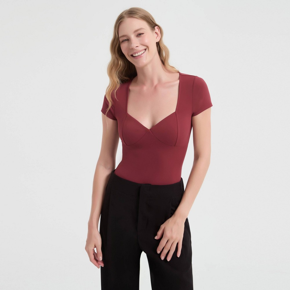 Women's Cap Sleeve Feminine Bodysuit - A New Day™ Burgundy XL