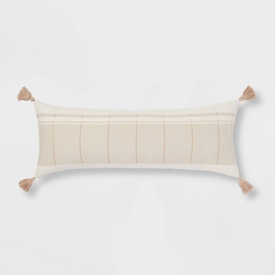 Oversized Oblong Texture Stripe with Tassels Decorative Throw Pillow Ivory/Warm Gray - Threshold™