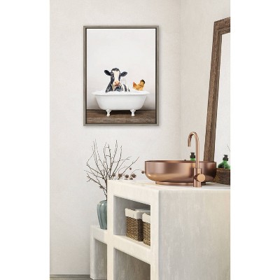 Gray Framed Canvas Print of Cow and Chicken in Bathtub, 18" x 24"