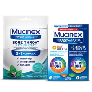 Mucinex 40 Count Instasoothe Sore Throat & Cough Drops + 24 Count Max Strength Cold & Flu Medicine - 1 of 4
