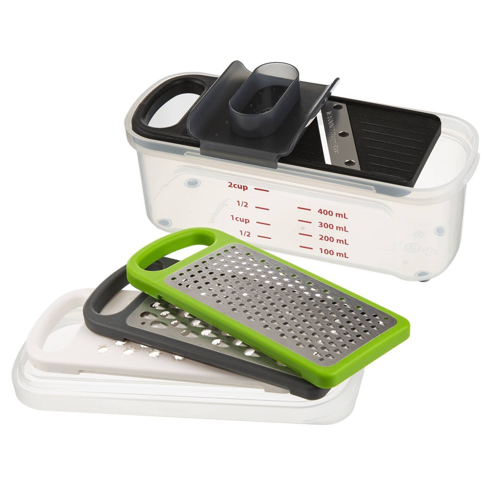 Prepworks Compact Grate and Slice Set: Mandoline & Veggie Slicer, 4 Blades, Dishwasher-Safe, Green/Gray/Black
