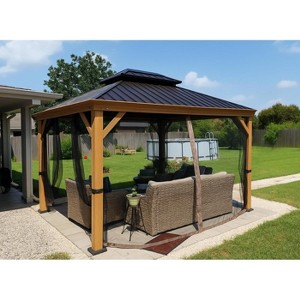 Kozyard Apollo Hardtop Gazebo Wooden Coated Aluminum Frame Canopy with Netting Galvanized Steel Double Roof for Patio Deck Lawn - 1 of 4