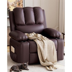 27"Oversized Manual PU Leather Recliner Chair with Cup Holders and Side Pockets, Ergonomic Design for Adults - 1 of 4