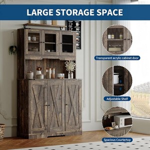Brown Kitchen Pantry Cabinet with Charging Station, Farmhouse Freestanding Kitchen Hutch Cupboard Storage Cabinet with Countertop for Living Room - 1 of 4