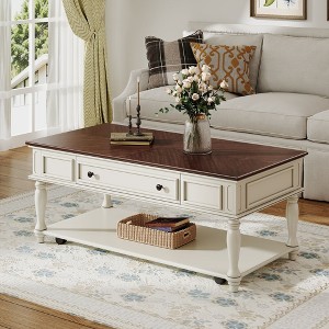 CAVINAS Farmhouse Style 2-Tier Retro Wood Coffee Table with Lockable Wheels,Rectangular Center Table for Living Room,Living Room Furniture - 1 of 4