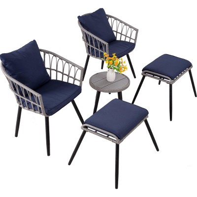 Anybear 5PC Gray-Blue Wicker Rattan Table and Chairs Set with Ottoman Patio Bistro Set