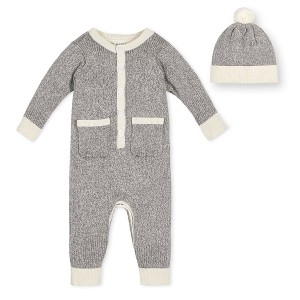 Hope & Henry Layette Baby Organic Button Front Romper and Pom Beanie Sweater Set, Infant - 1 of 4