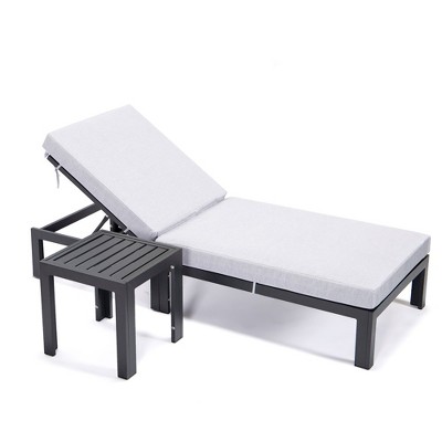 Chelsea Modern Black Aluminum Outdoor Chaise Lounge Chair with Light Grey Cushions and Side Table
