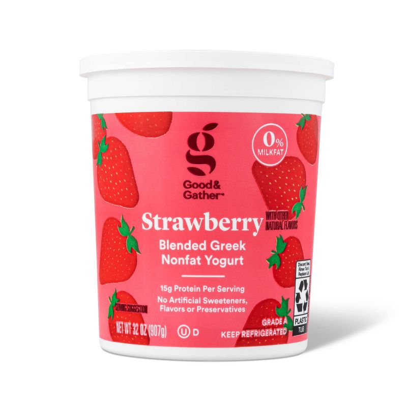 Strawberry Blended Greek Nonfat Yogurt - 32oz - Good &#38; Gather&#8482;, 1 of 5