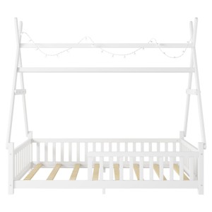 TopComfy Beds Twin Size Low Floor House Bed Low Floor Build Structure House Style with Roof Fence for Kids Bedroom, White, 80.91"*15.55"*6.5" - 1 of 4