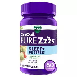 Vicks ZzzQuil PURE Zzzs De-Stress & Sleep Melatonin + Ashwagandha Sleep Aid Gummies - Blackberry Vanilla - 60ct