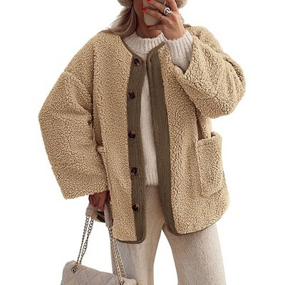 Womens Coat Collarless Casual Long Sleeve Button Front Plush Jacket with Pockets