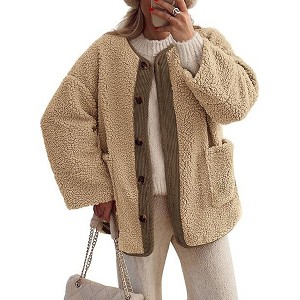 Womens Coat Collarless Casual Long Sleeve Button Front Plush Jacket with Pockets - 1 of 2