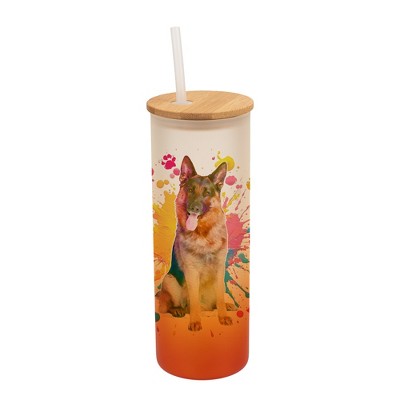 100 North 25 Ounce Frosted Glass Gradient Travel Tumbler With Straw & Wooden Lid, German Shepherd Paint Splatter Orange