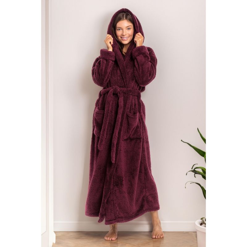 Women's Fuzzy Plush Fleece Bathrobe with Hood, Soft Warm Hooded Lounge Robe, 3 of 9