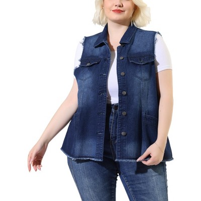 Agnes Orinda Women's Plus Size Denim Button Down Raw Hem Denim Vests ...