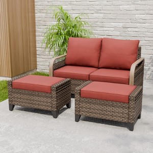 Outdoor Rattan Furniture Set Patio Seating Set Patio Loveseat with Ottoman - 1 of 4