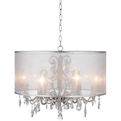 Possini Euro Design Antique Silver Drum Swag Pendant Chandelier 23" Wide Crystal Acrylic Beads Sheer Organza Shade Fixture Kitchen