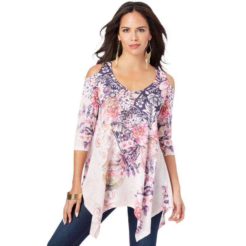 Roaman's Women's Plus Size Printed Cold-Shoulder V-Neck Tunic, 1 of 2