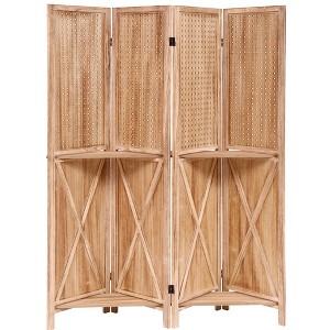 5.6FT Wooden Room Divider - 4-Panel Folding Screen w/ Pegboard & 2-Tier Shelves, Privacy Screen for Home Office/Yoga Studio - 1 of 4