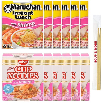 Maruchan Ramen Instant Shrimp Soup 6 Noodles Cups & 6 Nissin cup Shrimp Noodles Flavor , 12 Count, 2 Flavors