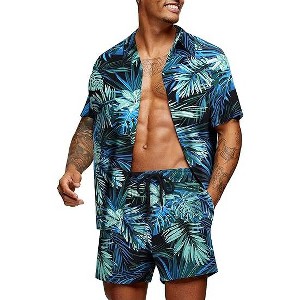 COOFANDY Men's Hawaiian Matching Set Summer Beach 2 Piece Outfits Flower Button Down Shirts - 1 of 4