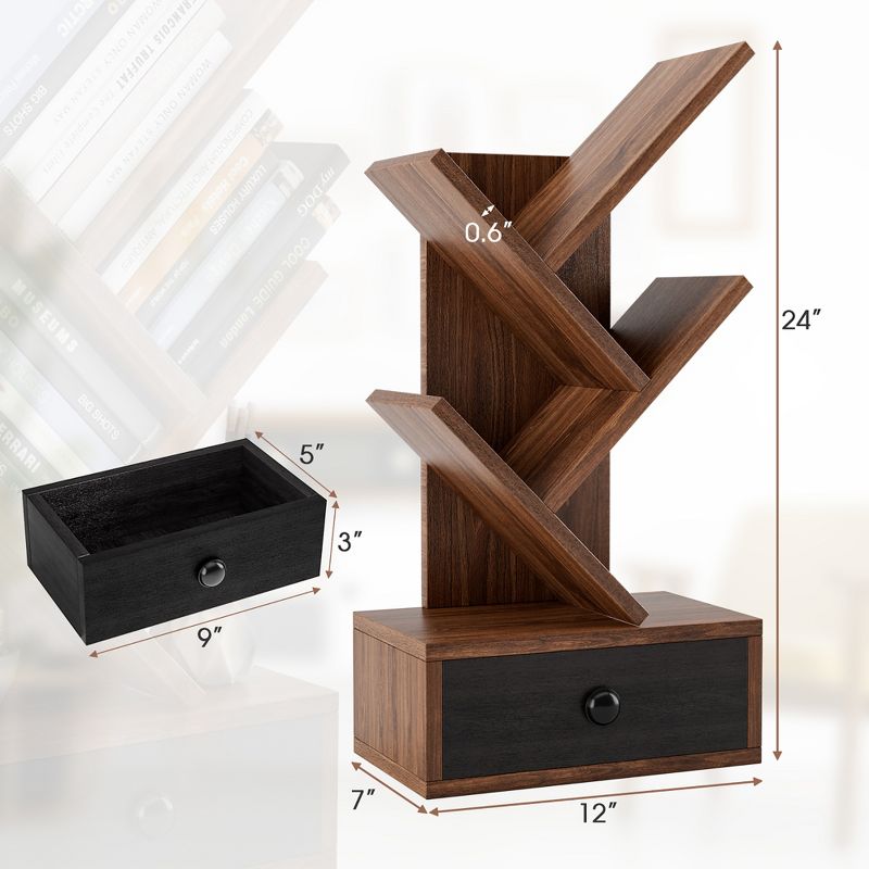 Tangkula 5-Tier Tree Bookshelf w/ Wooden Drawer Display Storage Organizer Rack, 5 of 11
