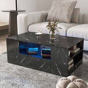 KTMBDW 37inch High-Glossy LED Coffee Table with 2 Sliding Drawers, Living Room Storage Tables with Marbling Print,Modern Stylish Center Tables - 1 of 4