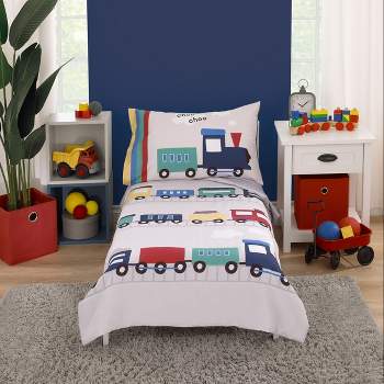 Everything Kids Choo Choo Train Gray, Blue, Red, and Yellow All Aboard 4 Piece Toddler Bed Set