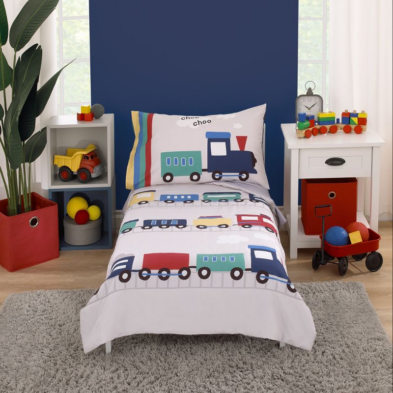 Everything Kids Choo Choo Train Gray, Blue, Red, and Yellow All Aboard 4 Piece Toddler Bed Set, 1 of 7