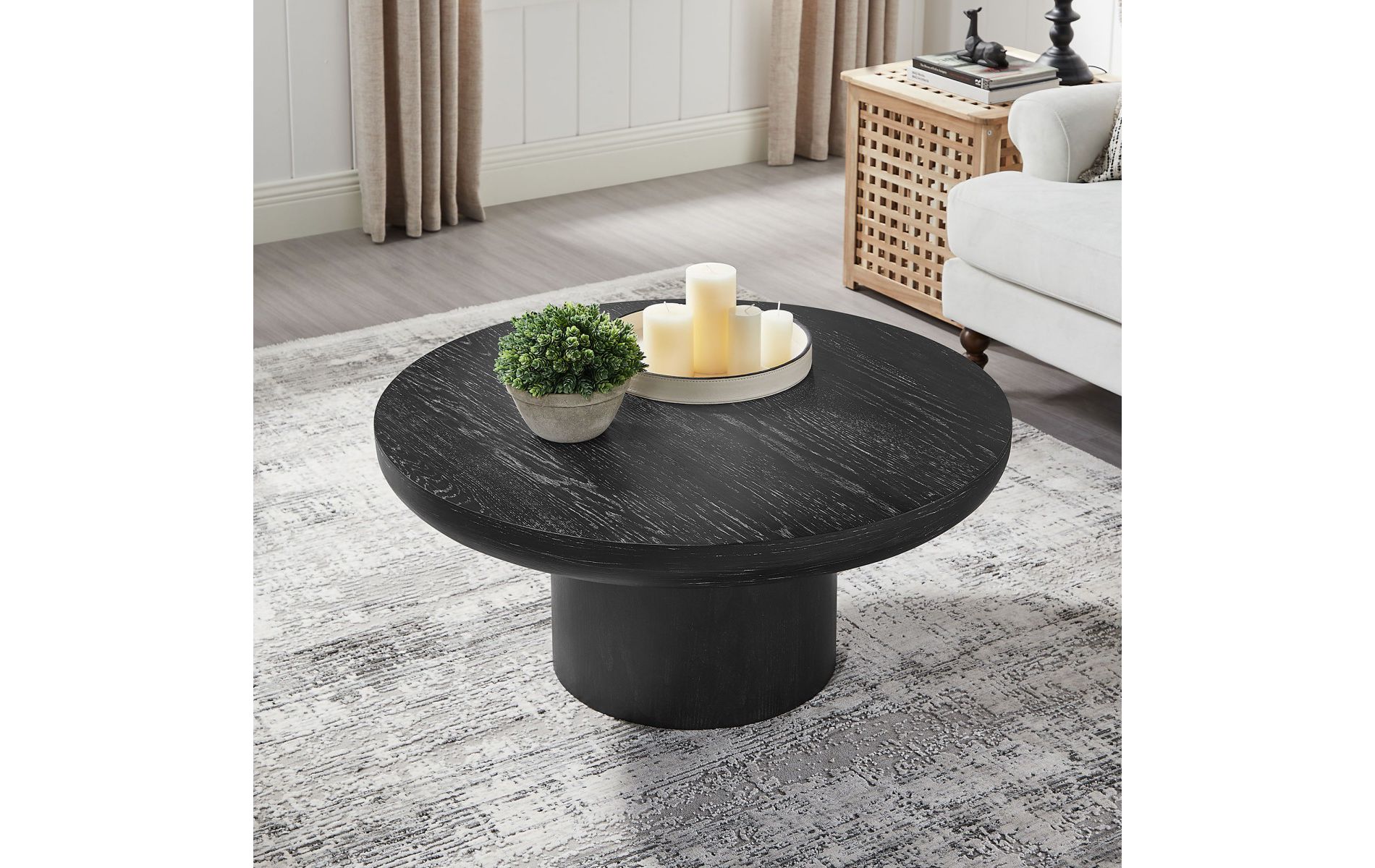 35" Modern Black Solid Wood Round End Table,Coffee Table With Oak Wood Veneer Tabletop,Small Space Side Table For Living Room Office-Coolbibila