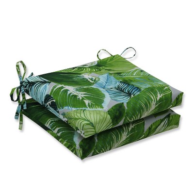 2pk Lush Leaf Jungle Squared Corners Outdoor Seat Cushions Green - Pillow Perfect