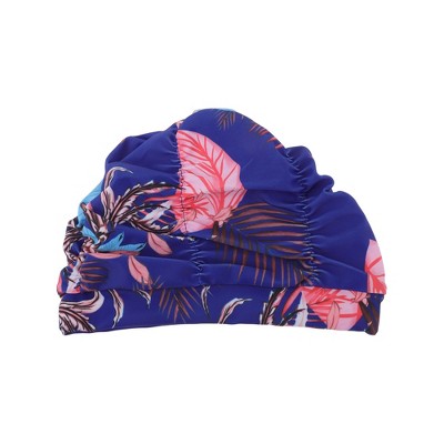 Unique Bargains Polyester Leaves Pattern Swim Cap 5.91"x9.25" Blue Pink 1 Pc