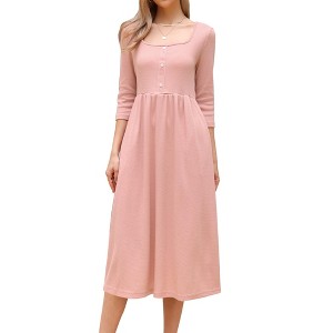 INSPIRE CHIC Women's Square Neck 3/4 Sleeves Waffle Knit Casual Midi Dress - 1 of 4