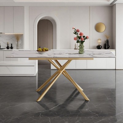 59" Modern Extendable Dining Table with Sintered Stone Top & Steel X-Base, Rectangular Kitchen Table for 4-6 People – The Pop Home
