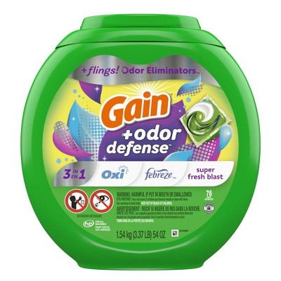 Gain Flings Laundry Detergent Pacs with Odor Defense, 76 Count, Super Fresh Blast Scent, HE 3in1 Detergent Pacs with Febreze and Oxi