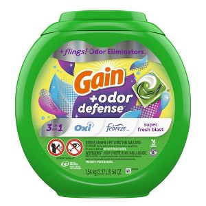 Gain Flings Laundry Detergent Pacs with Odor Defense, 76 Count, Super Fresh Blast Scent, HE 3in1 Detergent Pacs with Febreze and Oxi - 1 of 4