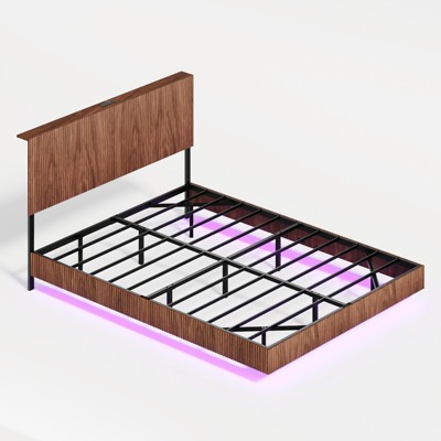 SEVOBAL Bedroom Furniture Floating Bed Frame Queen Size Wavy Headboard Walnut Groove Texture Heavy Metal Slats for Bedroom, Brown, 63.46"*22.44"*6.1"