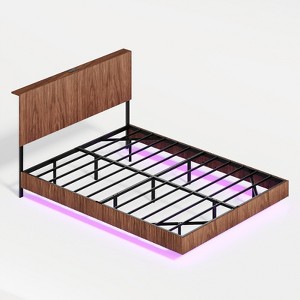 SEVOBAL Bedroom Furniture Floating Bed Frame Queen Size Wavy Headboard Walnut Groove Texture Heavy Metal Slats for Bedroom, Brown, 63.46"*22.44"*6.1" - 1 of 4
