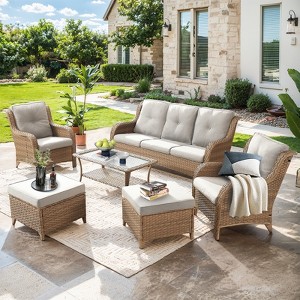 Gymojoy 6 Piece Outdoor Wicker Sofa with Patio Chairs with Coffee Table and Ottoman Sets - 1 of 4
