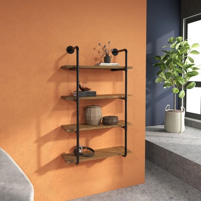 Industrial Brown Steel and Wood 4-Tier Wall Shelf