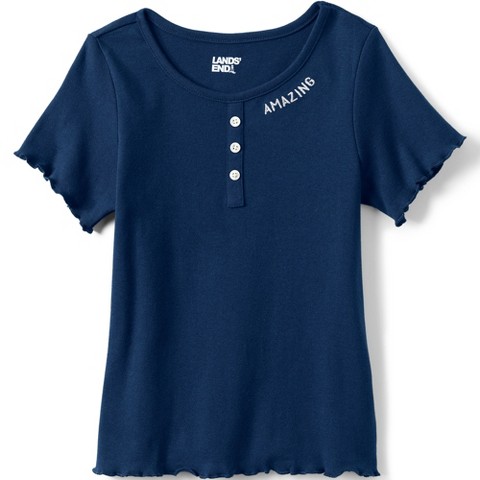 Lands' End Kids Short Sleeve Ribbed Henley T-Shirt - Large - Deep Sea Navy