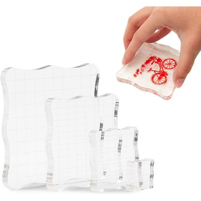 Bright Creations 4 Packs Acrylic Stamp Block Set with Grid Lines for Arts and Crafts, 4 Sizes (Clear)
