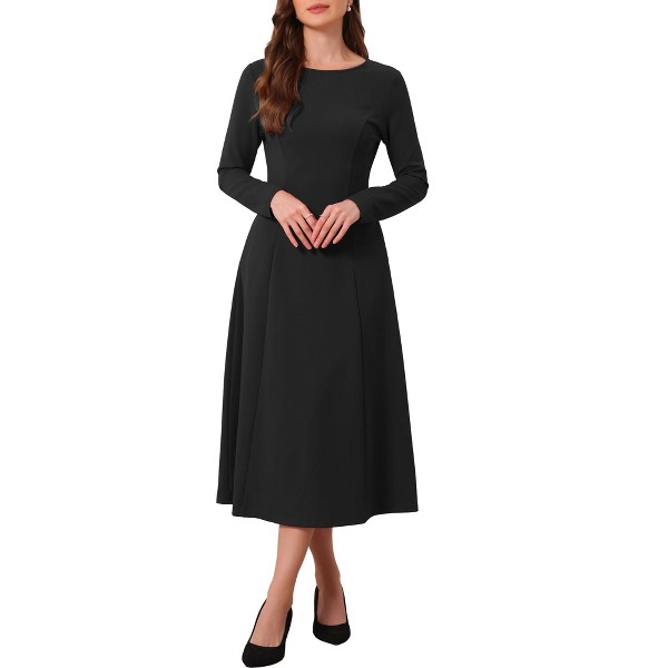 Vestido midi formal corte A con mangas largas y cuello redondo para boda y cóctel con bolsillos - INSPIRE CHIC