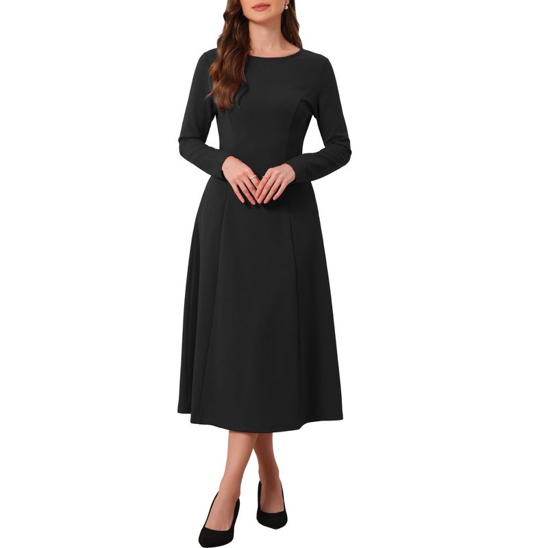 INSPIRE CHIC Women's Long Sleeves Crewneck Wedding Cocktail A-Line Formal Midi Dress with Pockets Small Black