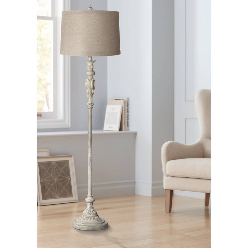 360 Lighting Vintage Shabby Chic Floor Lamp 60" Tall Antique White Washed Natural Linen Fabric Drum Shade for Living Room Reading Bedroom Office, 2 of 10