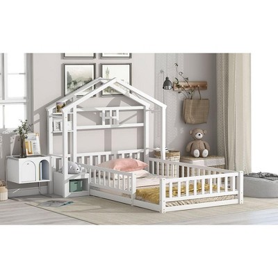 CAVINAS Twin Size Montessori Floor Bed for Kids,Toddler Bed Frames with House-Shaped Roof Headboard & 1 Nightstand,Slatted,No Box Spring Needed