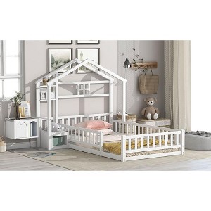CAVINAS Twin Size Montessori Floor Bed for Kids,Toddler Bed Frames with House-Shaped Roof Headboard & 1 Nightstand,Slatted,No Box Spring Needed - 1 of 4