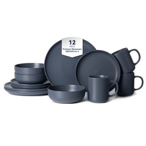FONTOI 12-Piece Stoneware Dinner Sets with Mugs, Stackable Bowls Sets for 3, Dinner Plates Sets for Home, Kitchen, Blue, 10"*0.7"*10" - 1 of 4