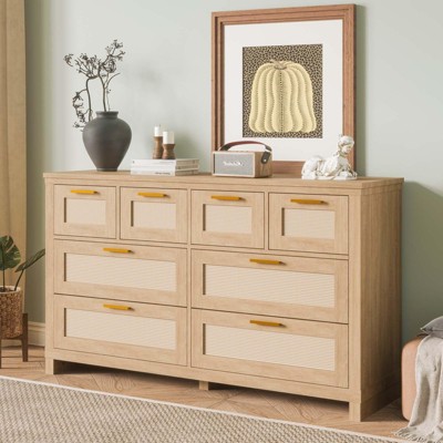 8-Drawers Rattan Dresser, Wooden Dresser Chest of Drawers, Storage Organizer for Closet, Bedside Table for Bedroom Hallway Living Room